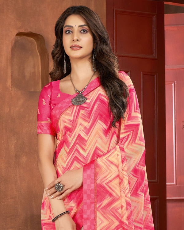 Vishal Prints Watermelon Pink Printed Georgette Saree With Fancy Border