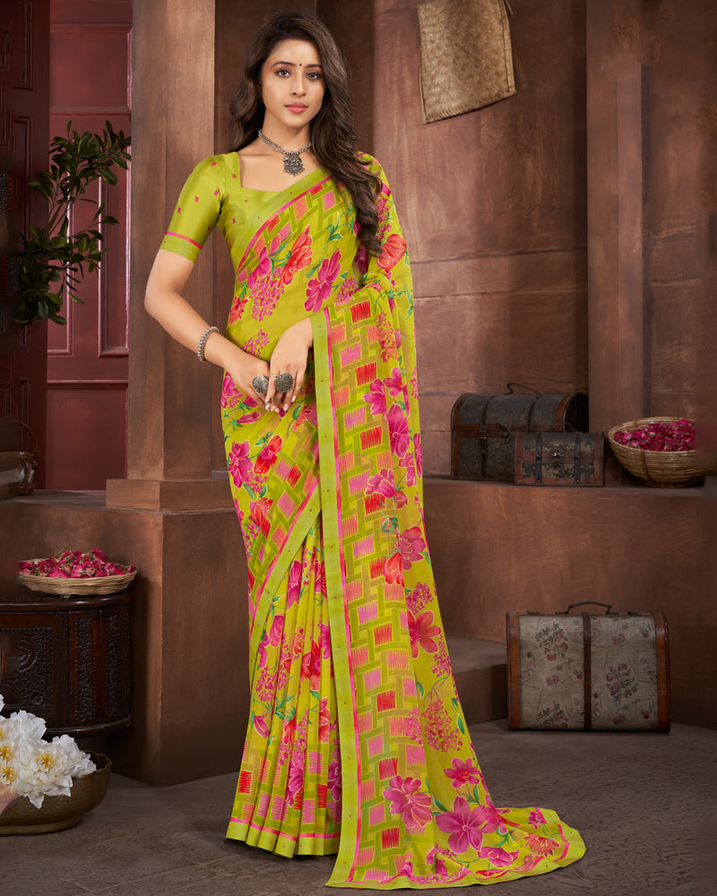 Vishal Prints Olive Yellow Printed Georgette Saree With Fancy Border