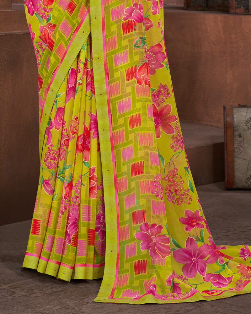 Vishal Prints Olive Yellow Printed Georgette Saree With Fancy Border