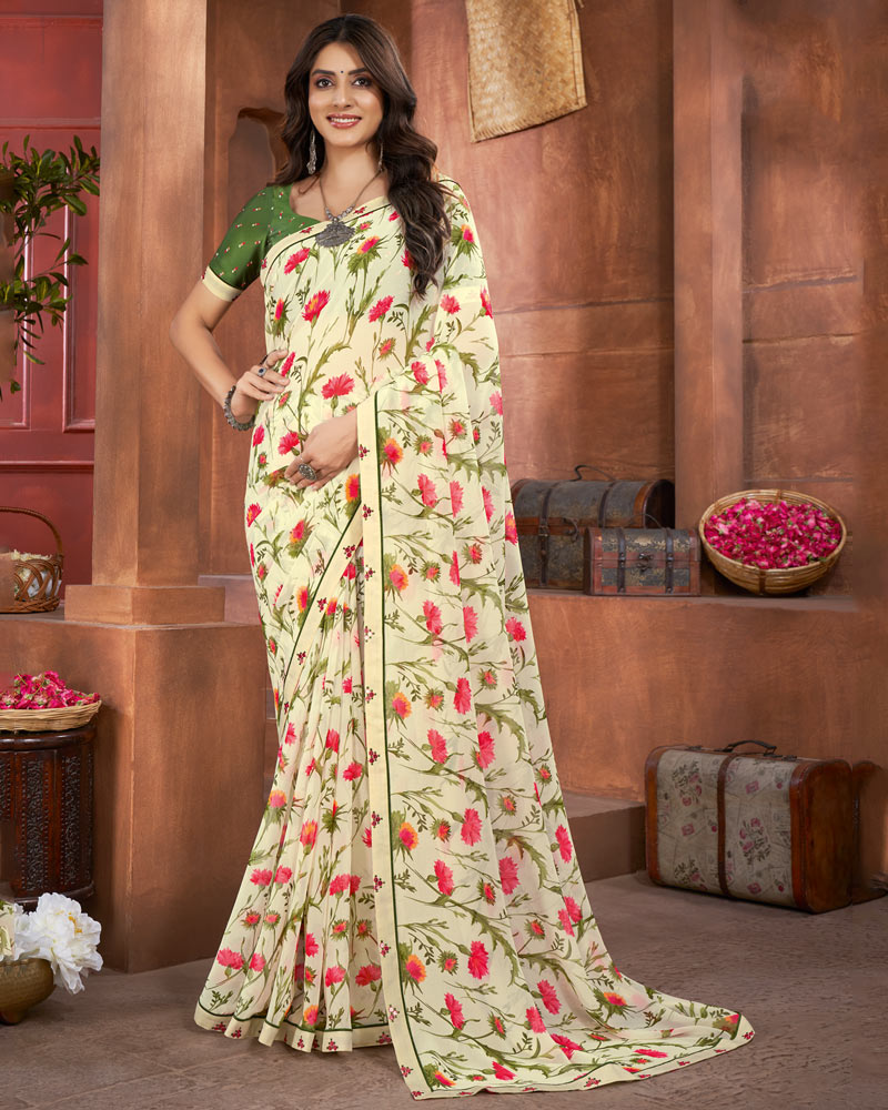 Vishal Prints Ivory Printed Georgette Saree With Fancy Border