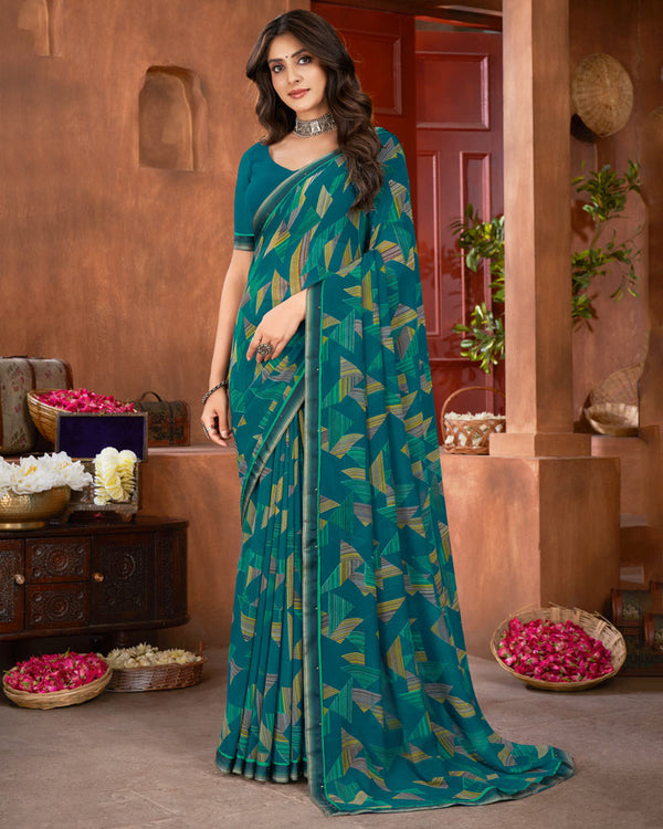 Vishal Prints Sherpa Blue Printed Georgette Saree With Fancy Border