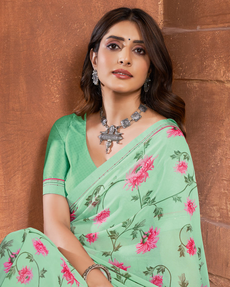 Vishal Prints Sea Green Printed Georgette Saree With Fancy Border