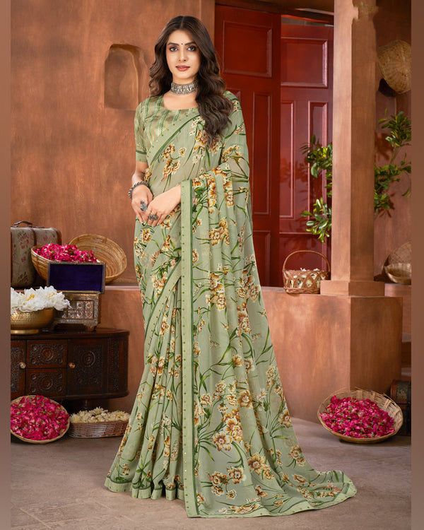 Vishal Prints Sage Green Printed Georgette Saree With Fancy Border