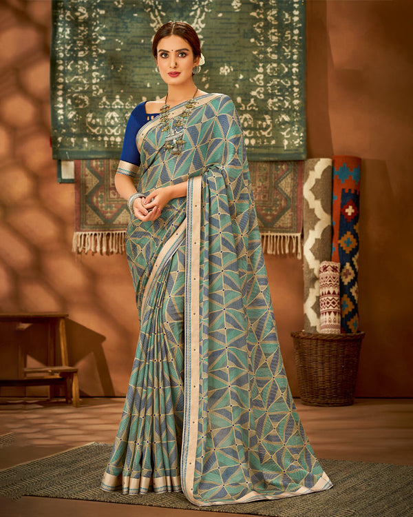 Vishal Prints Teal Printed Chiffon Saree With Fancy Lace Border