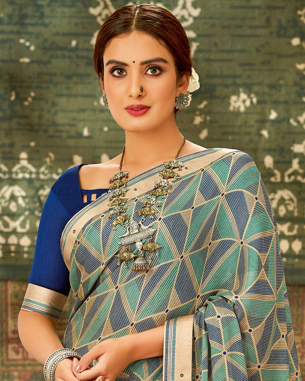 Vishal Prints Teal Printed Chiffon Saree With Fancy Lace Border