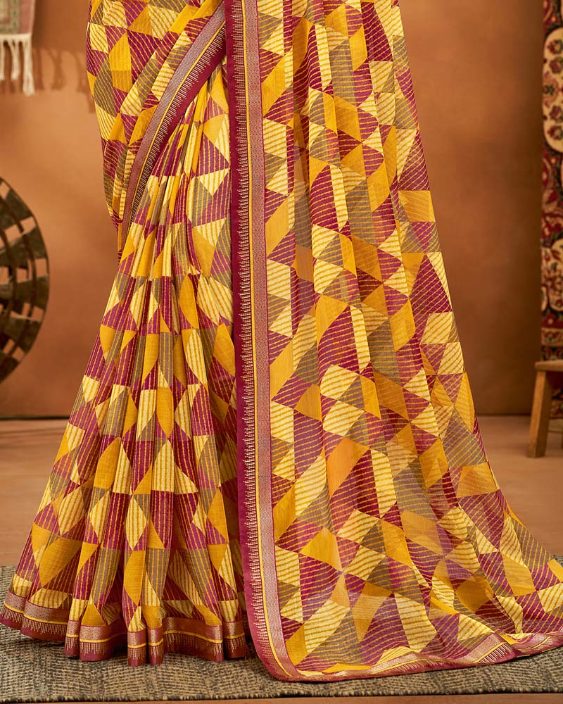 Vishal Prints Yellow Printed Chiffon Saree With Fancy Lace Border