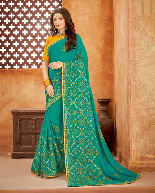 Vishal Prints Teal Bandhani Print Georgette Saree With Embroidery Work And Border