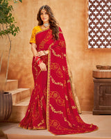 Vishal Prints Venetian Red Bandhani Print Georgette Saree With Embroidery Work And Border