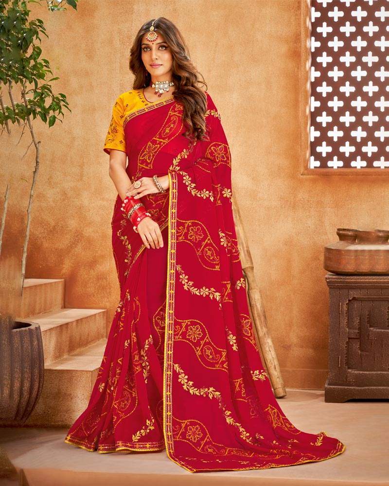 Vishal Prints Venetian Red Bandhani Print Georgette Saree With Embroidery Work And Border