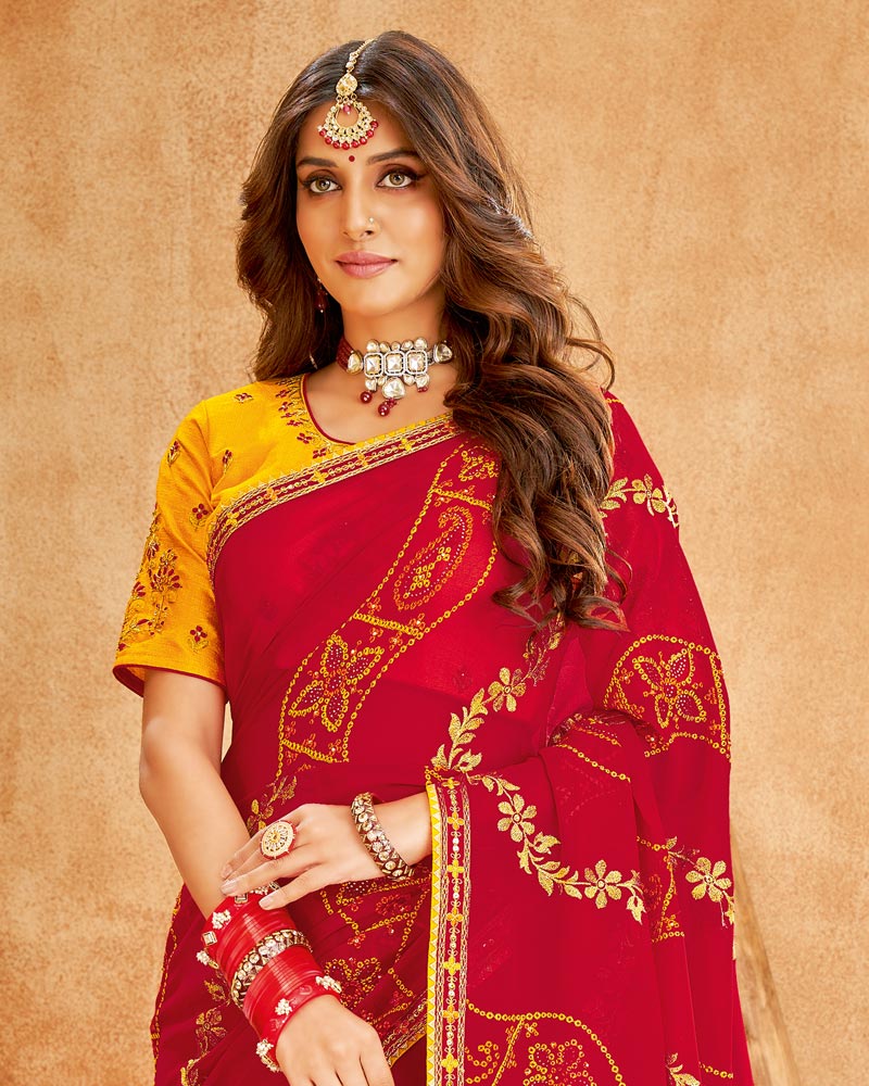 Vishal Prints Venetian Red Bandhani Print Georgette Saree With Embroidery Work And Border