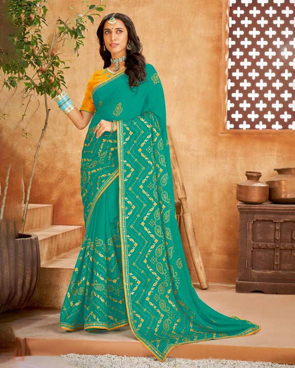 Vishal Prints Turquoise Bandhani Print Georgette Saree With Embroidery Work And Border