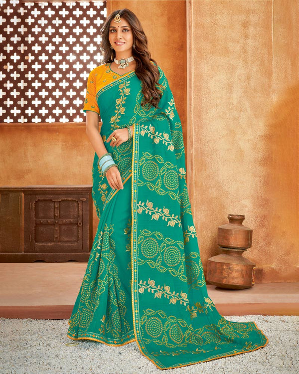 Vishal Prints Sea Green Bandhani Print Georgette Saree With Embroidery Work And Border