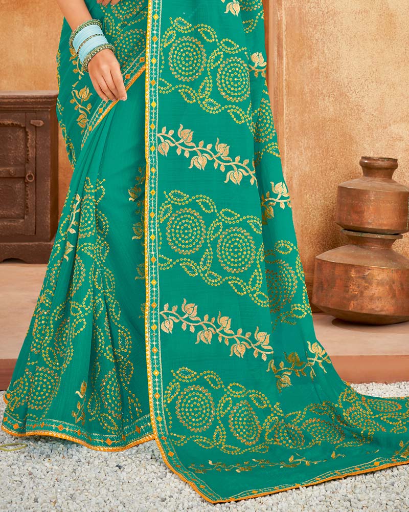 Vishal Prints Sea Green Bandhani Print Georgette Saree With Embroidery Work And Border