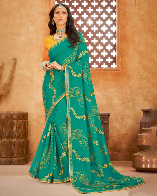 Vishal Prints Teal Bandhani Print Georgette Saree With Embroidery Work And Border