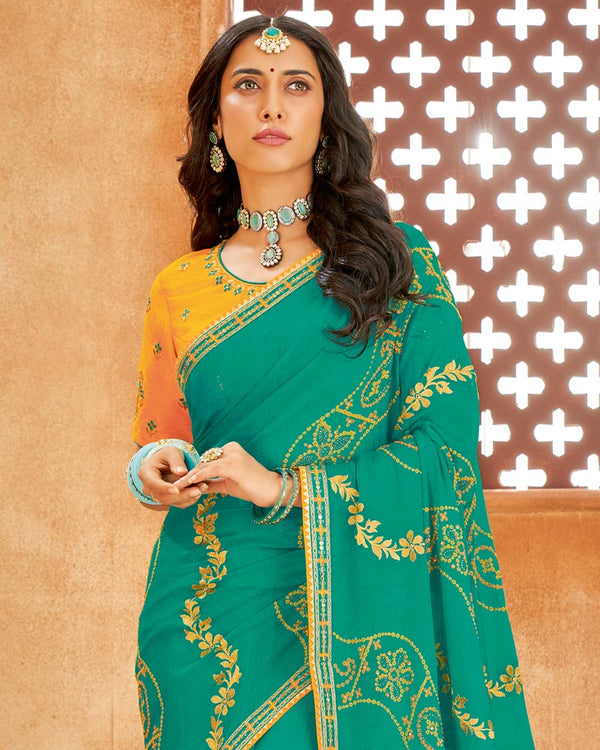 Vishal Prints Teal Bandhani Print Georgette Saree With Embroidery Work And Border