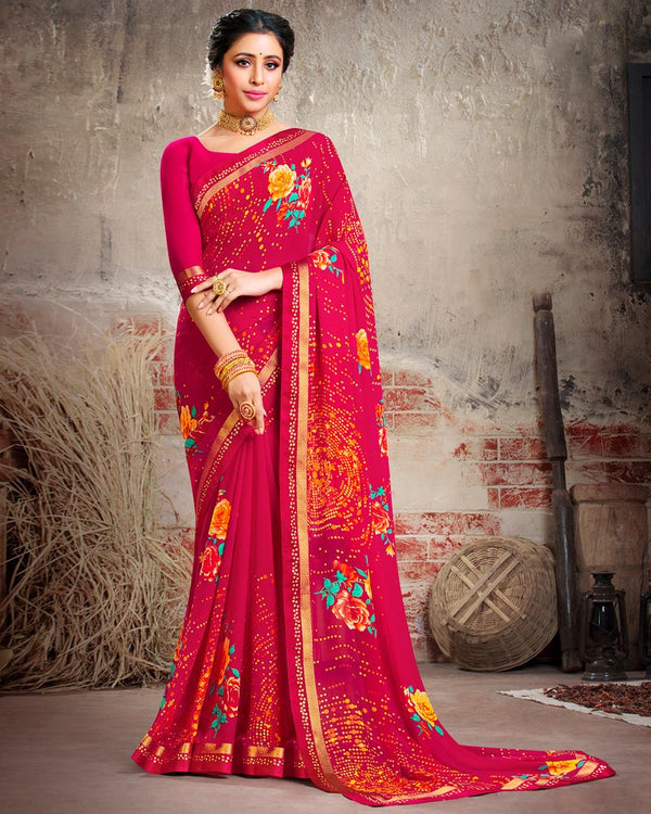 Vishal Prints Cherry Red Printed Georgette Saree With Border