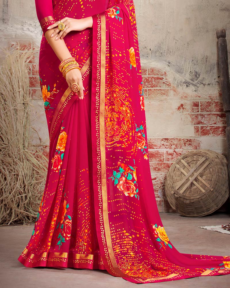 Vishal Prints Cherry Red Printed Georgette Saree With Border