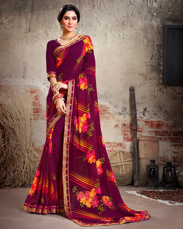 Vishal Prints Wine Printed Georgette Saree With Border