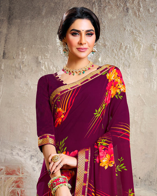 Vishal Prints Wine Printed Georgette Saree With Border