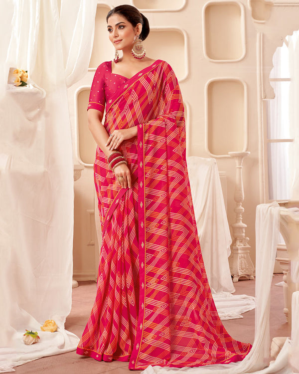 Vishal Prints Red Pink Printed Georgette Saree With Fancy Border