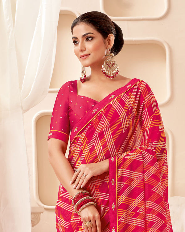 Vishal Prints Red Pink Printed Georgette Saree With Fancy Border