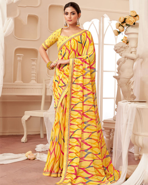 Vishal Prints Light Yellow Printed Georgette Saree With Fancy Border