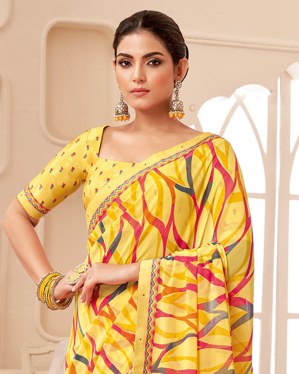 Vishal Prints Light Yellow Printed Georgette Saree With Fancy Border