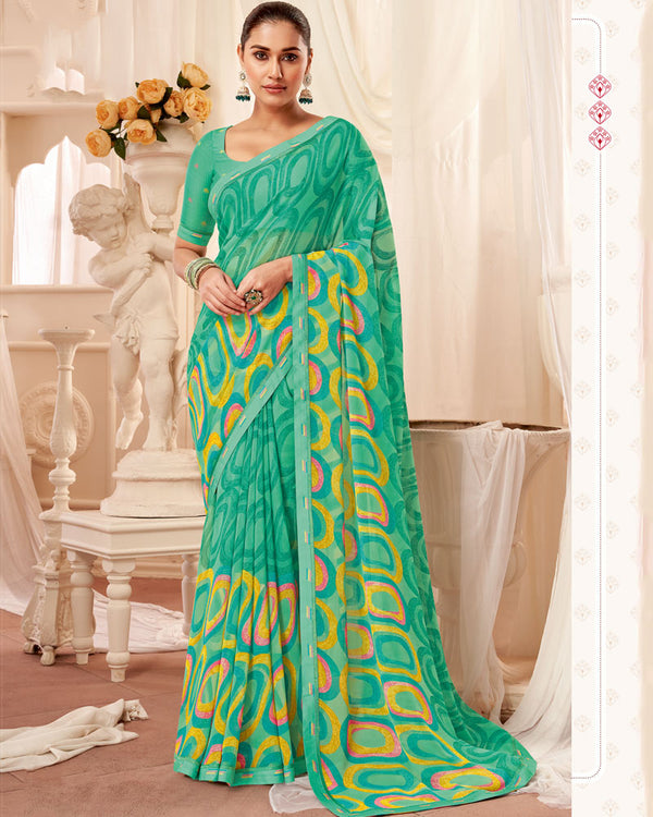 Vishal Prints Dark Mint Green Printed Georgette Saree With Fancy Border