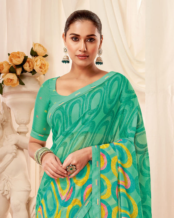 Vishal Prints Dark Mint Green Printed Georgette Saree With Fancy Border