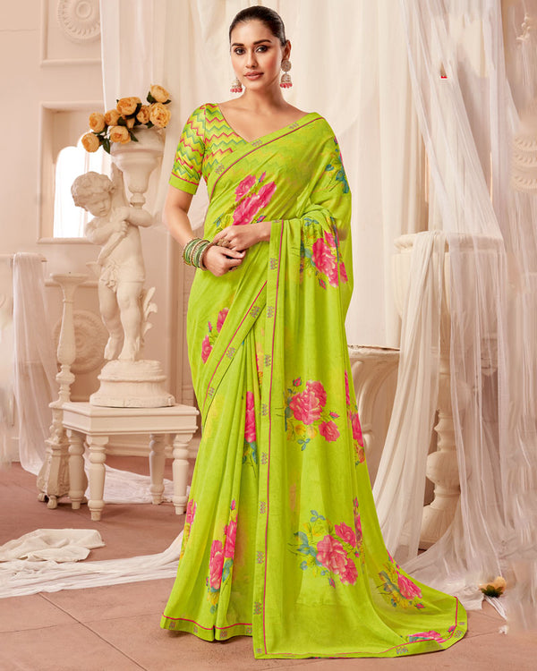 Vishal Prints Lime Green Printed Georgette Saree With Fancy Border