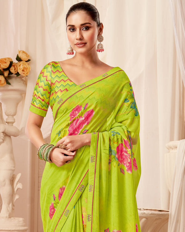 Vishal Prints Lime Green Printed Georgette Saree With Fancy Border