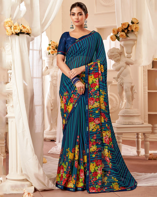 Vishal Prints Dark Navy Blue Printed Georgette Saree With Fancy Border