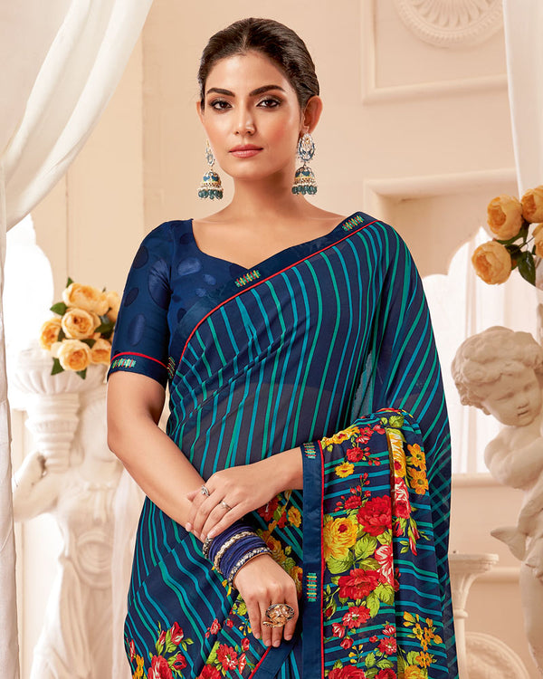 Vishal Prints Dark Navy Blue Printed Georgette Saree With Fancy Border