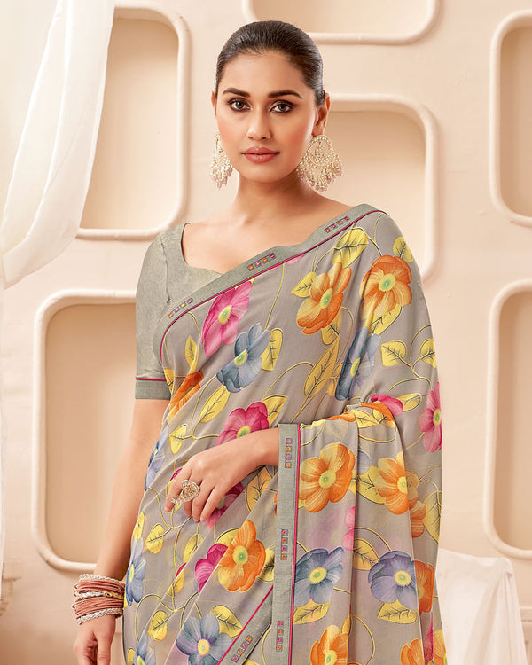 Vishal Prints Sand Grey Printed Georgette Saree With Fancy Border