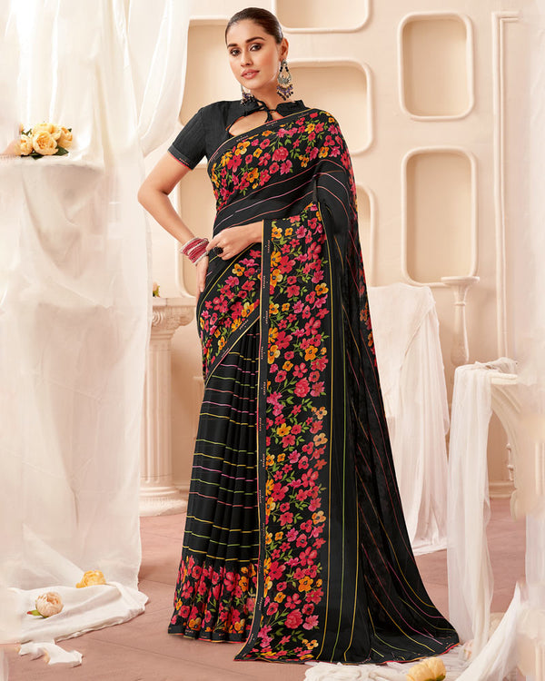 Vishal Prints Black Printed Georgette Saree With Fancy Border