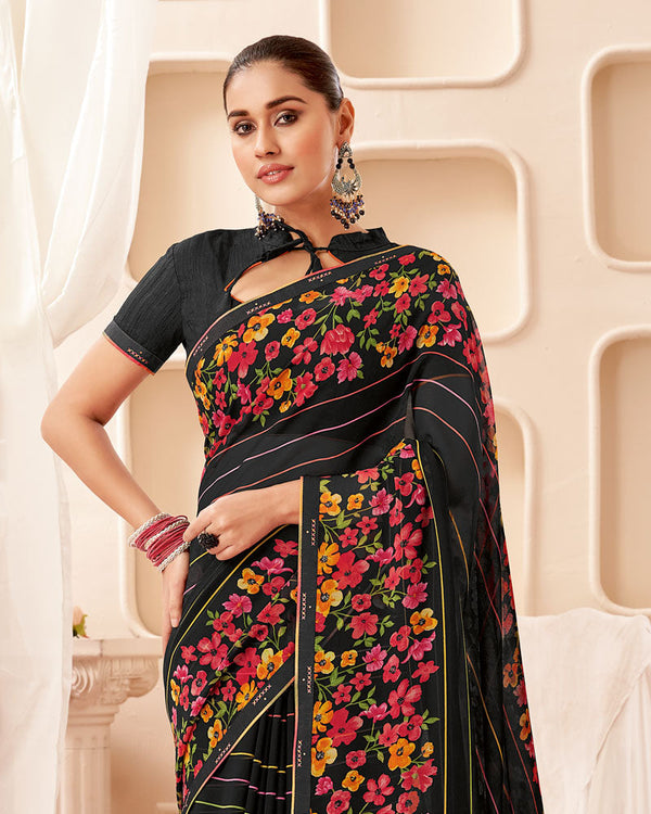 Vishal Prints Black Printed Georgette Saree With Fancy Border