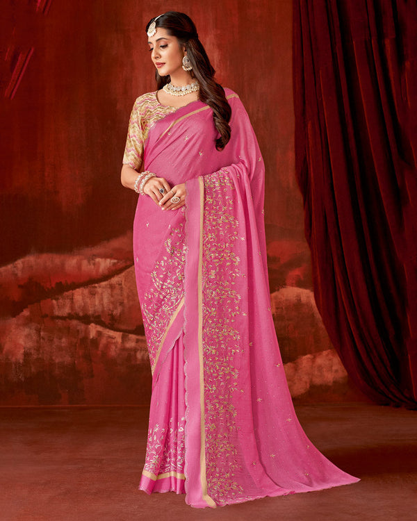 Vishal Prints Tulip Pink Designer Chiffon Saree With Embroidery-Diamond Work And Satin Patta Cut Work Border