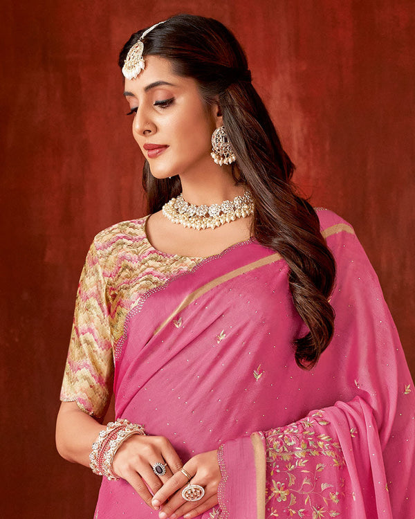 Vishal Prints Tulip Pink Designer Chiffon Saree With Embroidery-Diamond Work And Satin Patta Cut Work Border