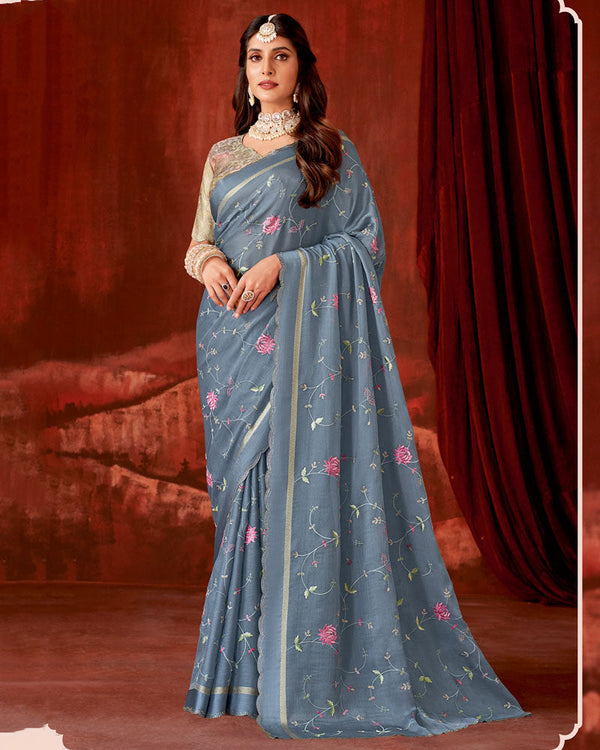 Vishal Prints Slate Grey Designer Chiffon Saree With Embroidery-Diamond Work And Satin Patta Cut Work Border