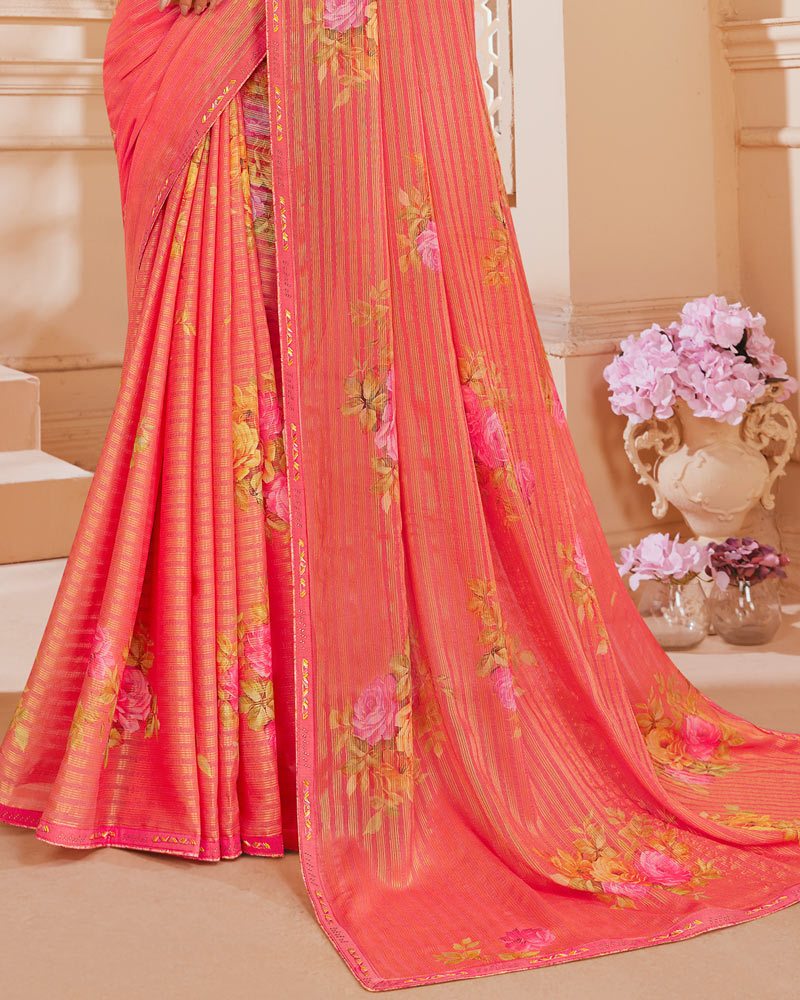 Vishal Prints Carnation Red Digital Printed Brasso Saree With Fancy Embroidery Piping