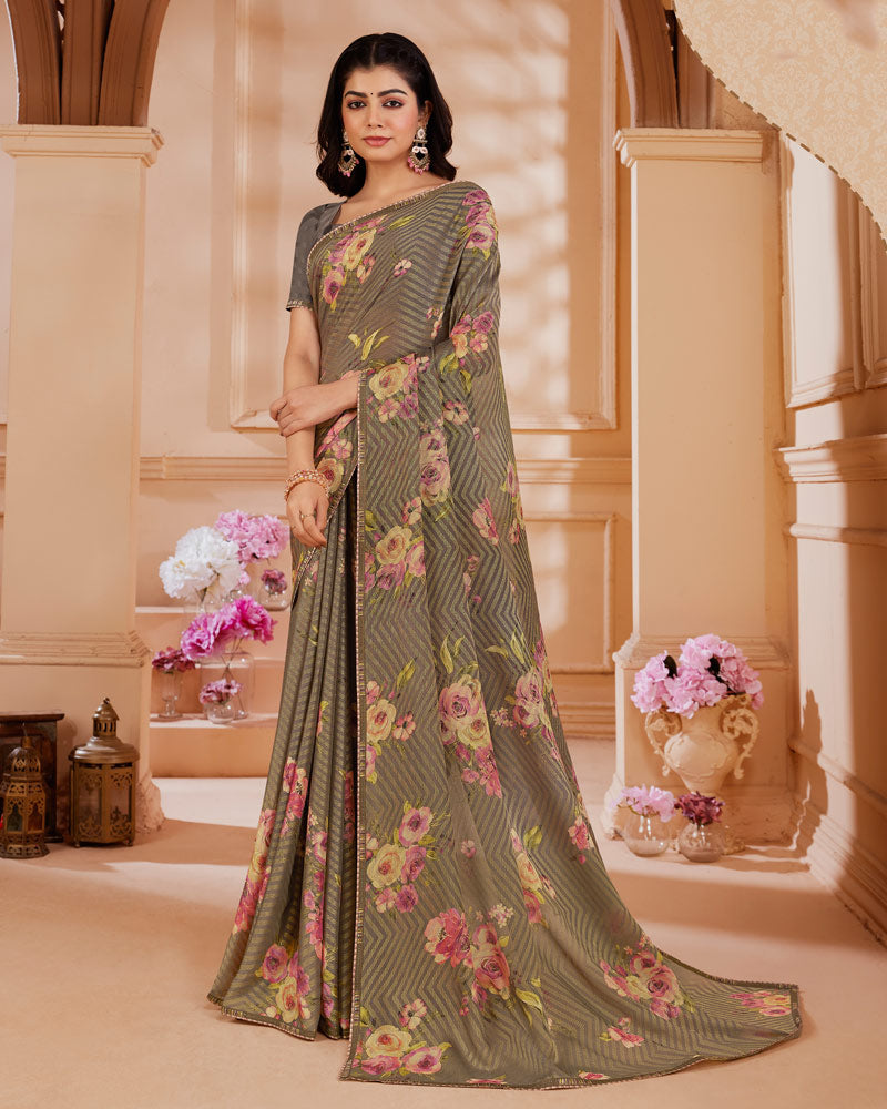 Vishal Prints Pastel Brown Digital Printed Brasso Saree With Fancy Embroidery Piping