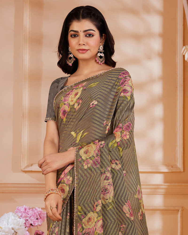 Vishal Prints Pastel Brown Digital Printed Brasso Saree With Fancy Embroidery Piping