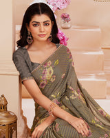 Vishal Prints Pastel Brown Digital Printed Brasso Saree With Fancy Embroidery Piping