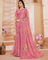 Vishal Prints Cherry Pink Digital Printed Brasso Saree With Fancy Embroidery Piping