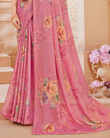 Vishal Prints Cherry Pink Digital Printed Brasso Saree With Fancy Embroidery Piping