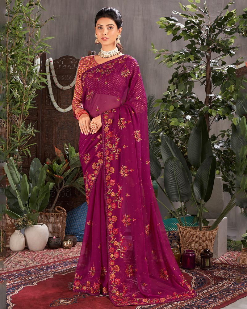 Vishal Prints Wine Designer Chiffon Saree With Embroidery And Diamond Work