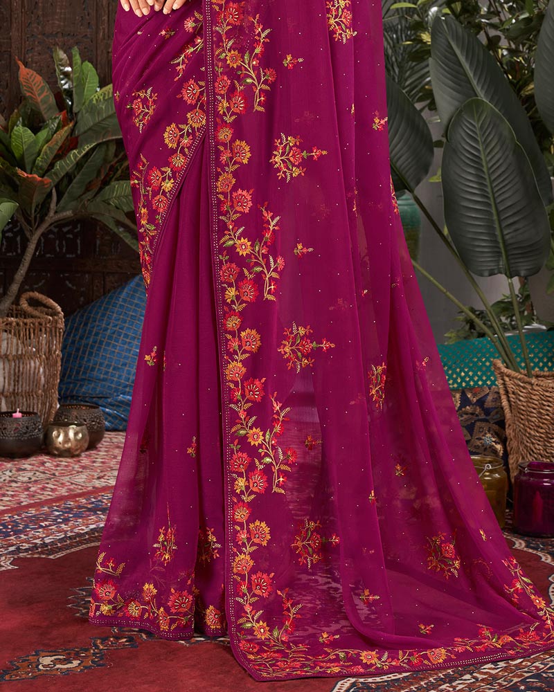 Vishal Prints Wine Designer Chiffon Saree With Embroidery And Diamond Work