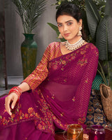 Vishal Prints Wine Designer Chiffon Saree With Embroidery And Diamond Work