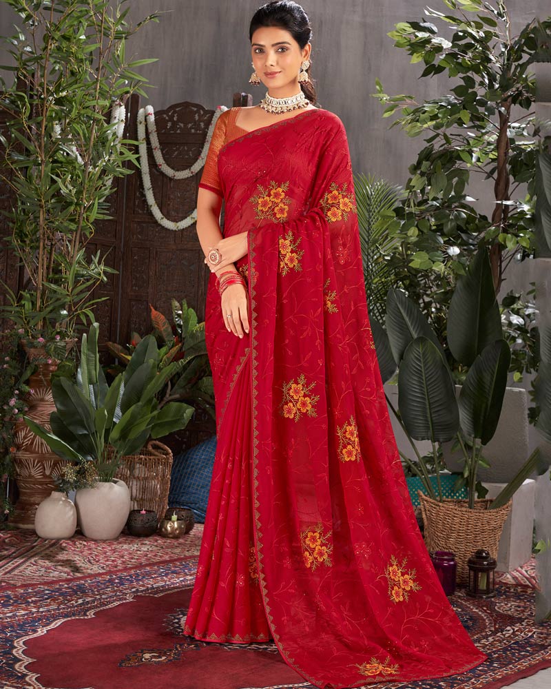 Vishal Prints Cherry Red Designer Chiffon Saree With Embroidery And Diamond Work