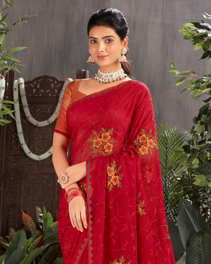 Vishal Prints Cherry Red Designer Chiffon Saree With Embroidery And Diamond Work